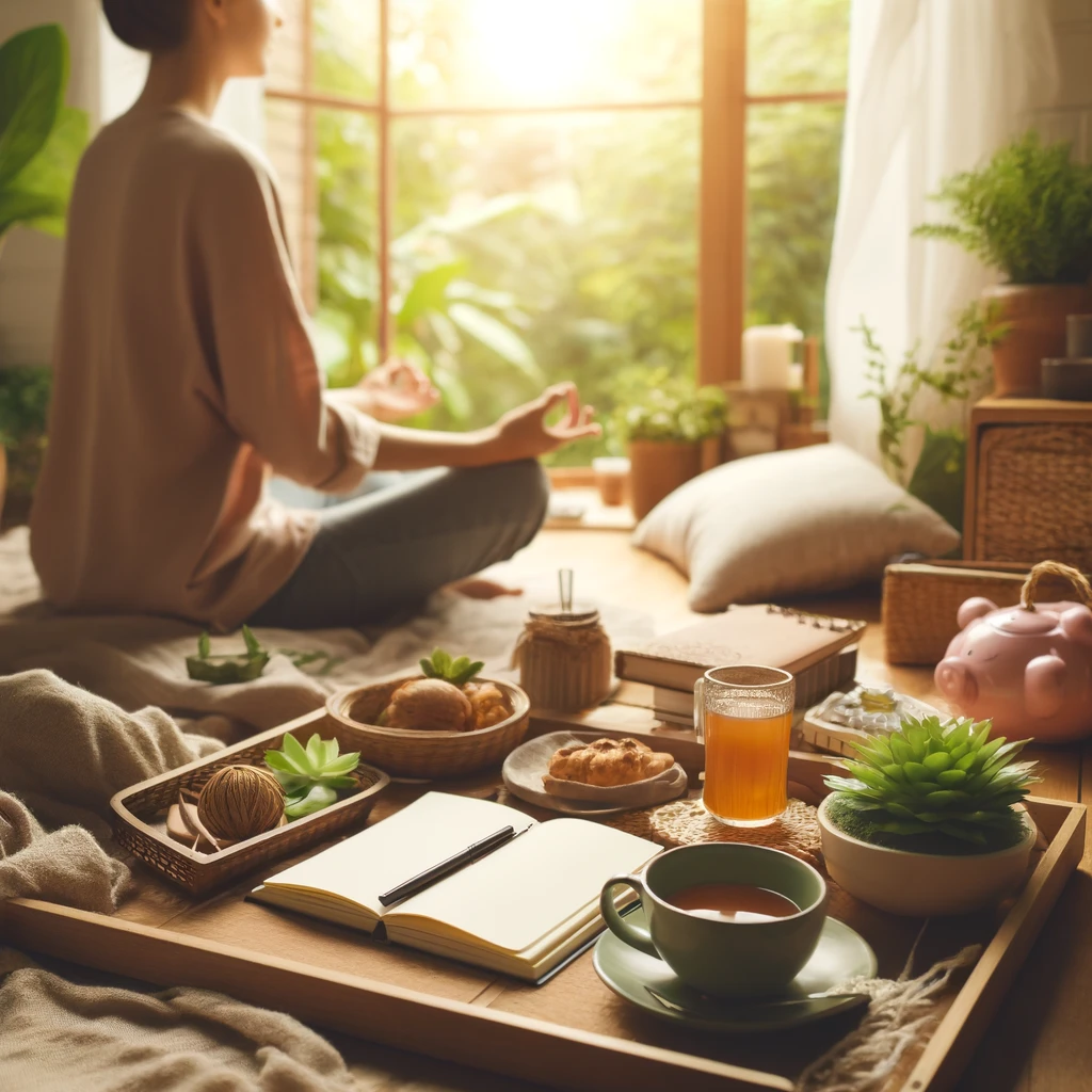 Una escena serena de una rutina matutina positiva, con una persona practicando la gratitud, posiblemente escribiendo en un diario o meditando.