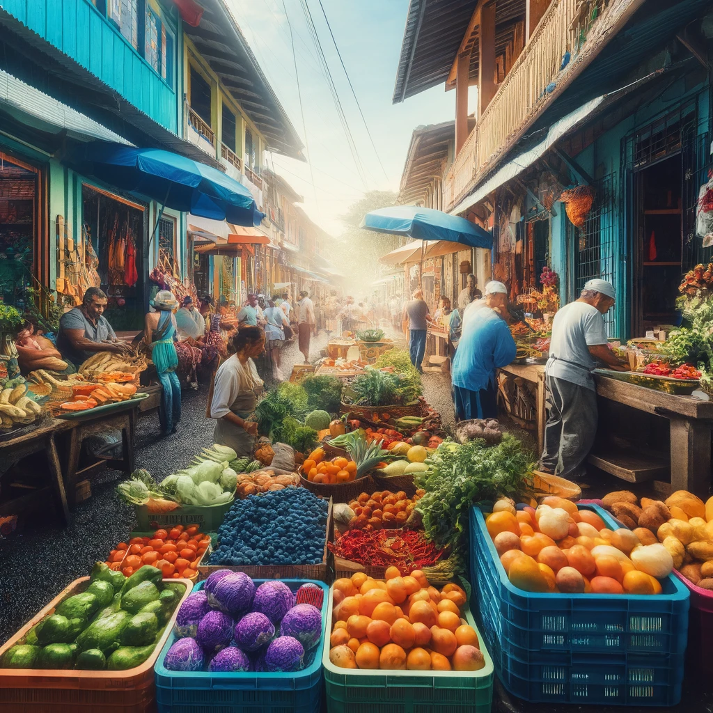 Una escena vibrante de un mercado en Nicoya, Costa Rica, con lugareños vendiendo frutas y verduras frescas, reflejando la dieta saludable y los fuertes lazos comunitarios típicos de las Zonas Azules.