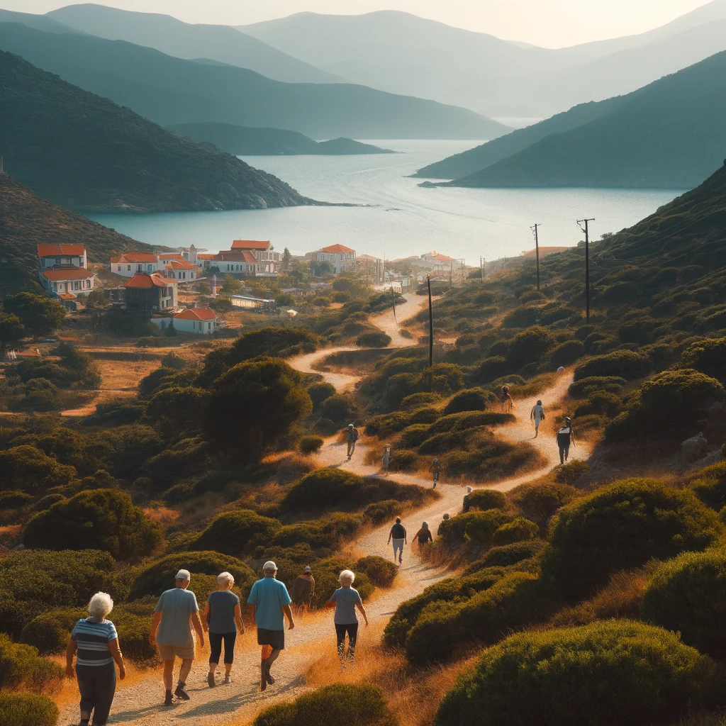 Una vista escénica del paisaje en Ikaria, Grecia, mostrando a personas mayores caminando por senderos rodeados de naturaleza, destacando el entorno sereno y el estilo de vida activo asociado con las Zonas Azules.