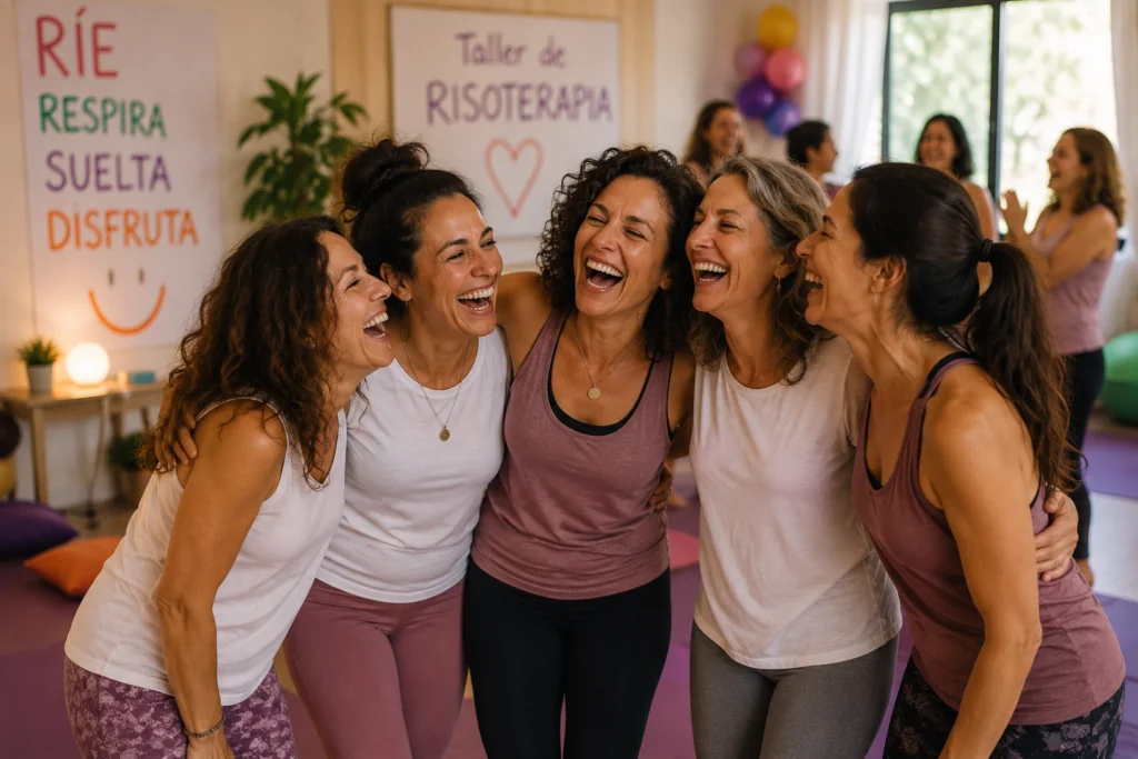 Grupo de personas en un taller de risoterapia entrenando la felicidad